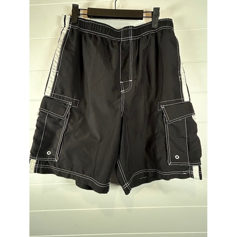 VTG Ocean Pacific Mens XL Black Cargo Board Shorts Swim Trunks OP96-6725 Stitch